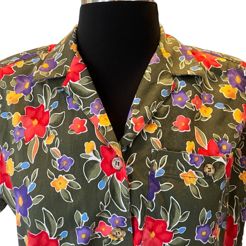 Vintage Lizsport green floral button up short sleeve shirt SP - Picture 4 of 12